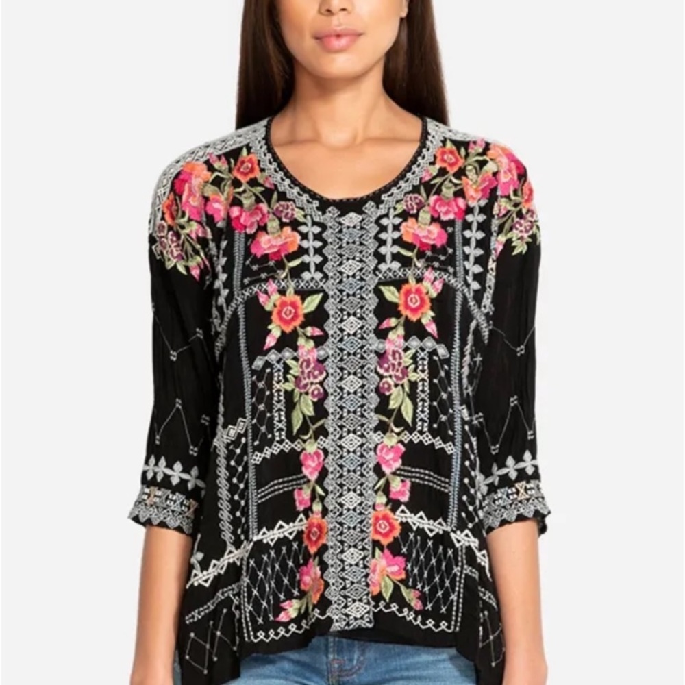 Johnny Was Carnation Embroidered Floral Blouse